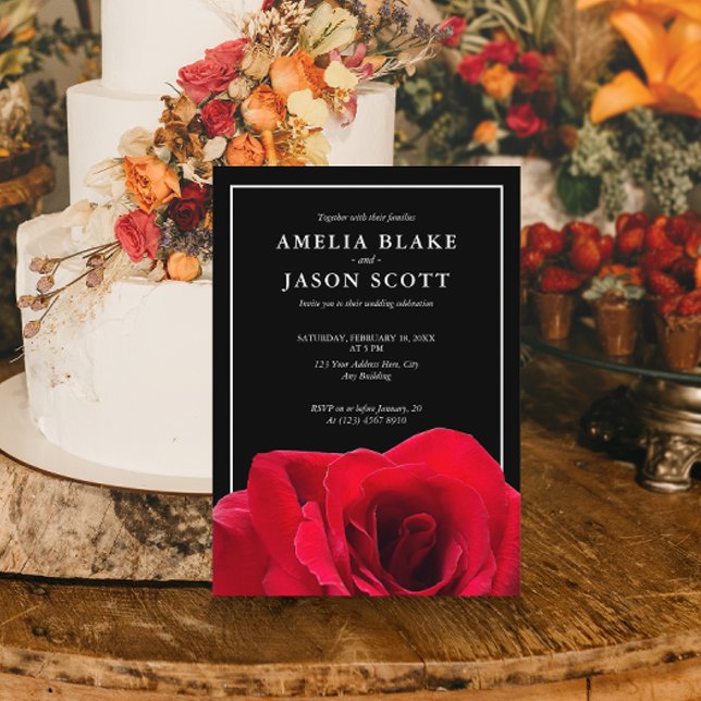 Minimalist Red Rose on Black Wedding Invitation (Creator Uploaded)