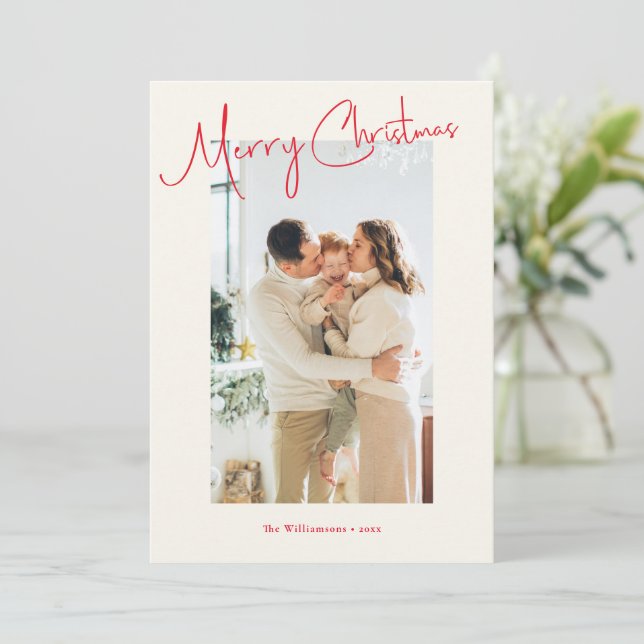 Minimalist Red Script Custom Photo Christmas Holiday Card (Standing Front)