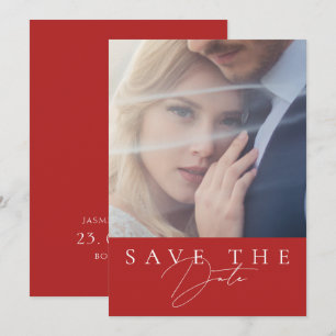 Minimalist Red Script Photo Wedding Save the Date