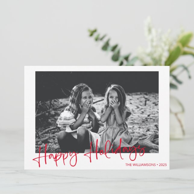 Minimalist Red Script Typography Overlay Photo  Holiday Card (Standing Front)