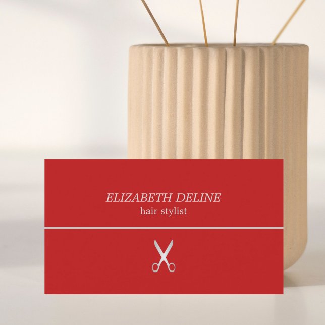 Minimalist Red Silver Line Scissor HairStylist Business Card (Creator Uploaded)