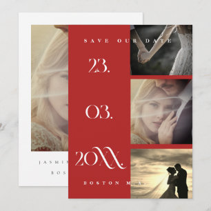 Minimalist Red Three Photo Wedding Save the Date