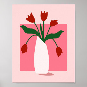 Minimalist Red Tulips in Pink Vase Aesthetic Art Poster