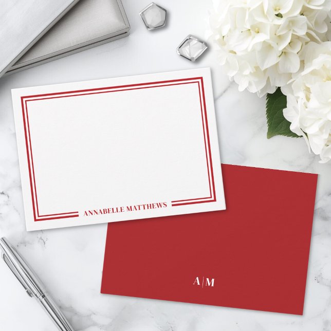 Minimalist Red Two Border Monogram Card (Minimalist Red Two Border Monogram Note Card )