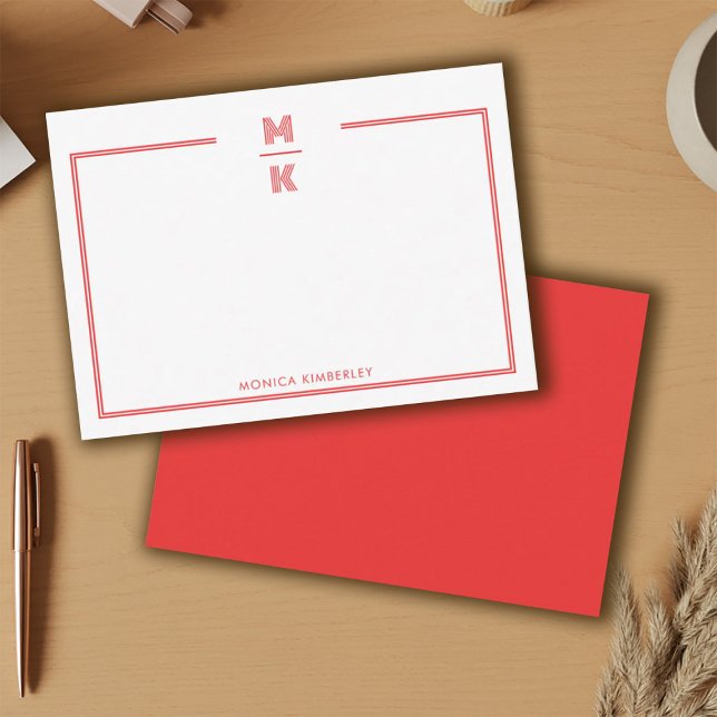 Minimalist Red Two Border Monogram Note Card (Minimalist Red Two Border Monogram Note Card)