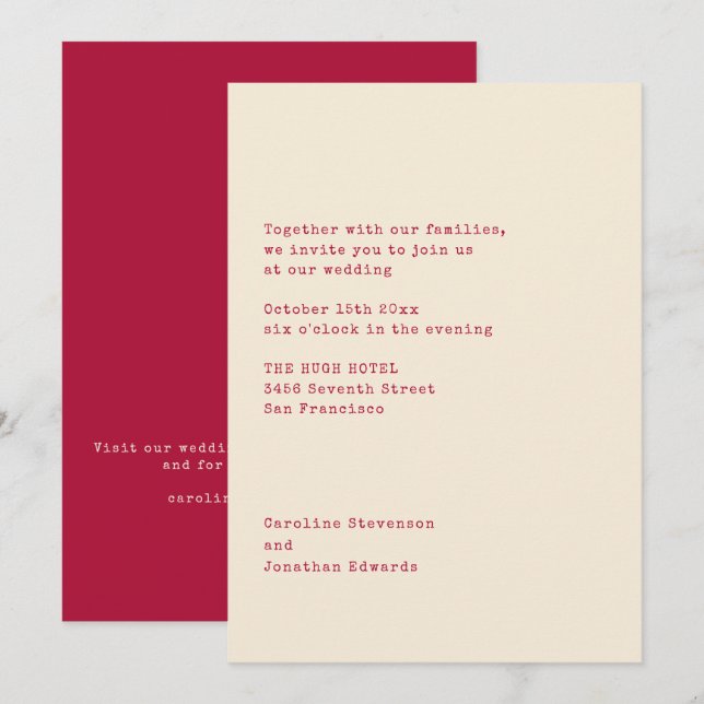 Minimalist Red Typewriter Typography Wedding Invitation (Front/Back)