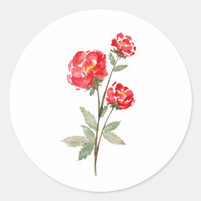 Minimalist Red Watercolor Roses Classic Round Sticker (Front)
