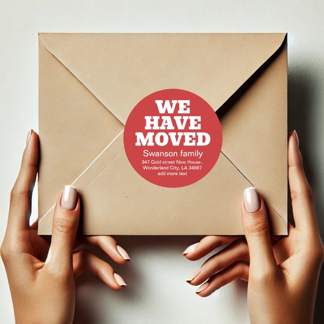 Minimalist Red We've Moved Moving New Address  Classic Round Sticker (Creator Uploaded)