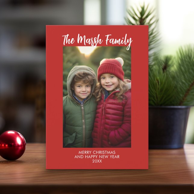 Minimalist Red White Family Handwritten Christmas Holiday Card (Online Christmas Card - Print and Download Options)