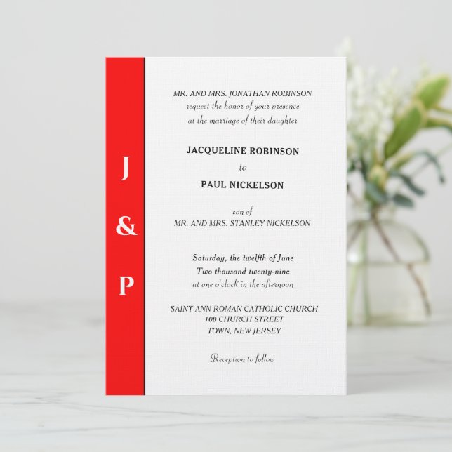 Minimalist Red White Monogram  Invitation (Standing Front)