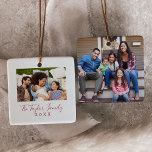 Minimalist Red Yearly Family Photo Ceramic Ornament<br><div class="desc">This minimalist red yearly family photo ceramic ornament is the perfect simple Christmas tree decoration. The design features classic red and white typography paired with a rustic yet elegant script font with hand lettered style. Personalize the front of this keepsake ornament with a photo, your family name and the year....</div>