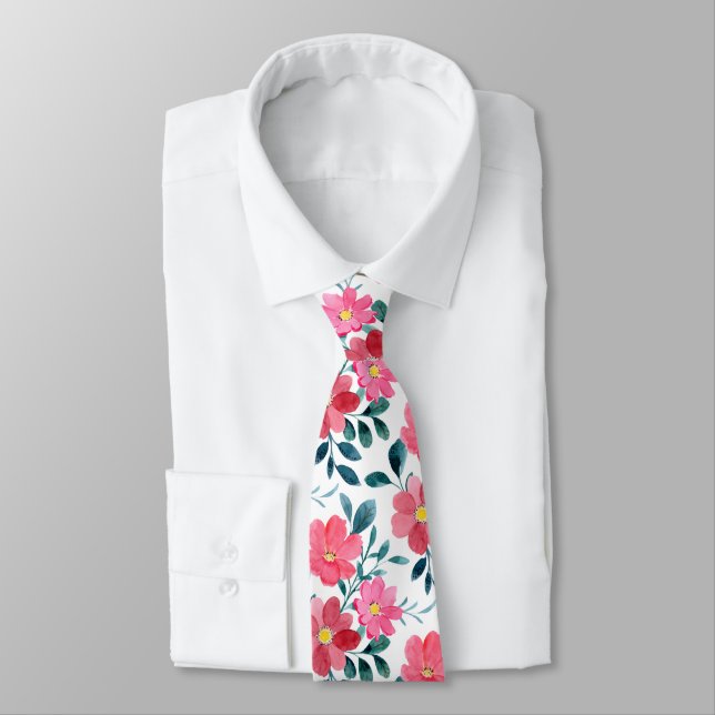 Minimalist Reddish Pink Floral Watercolor Tie (Tied)