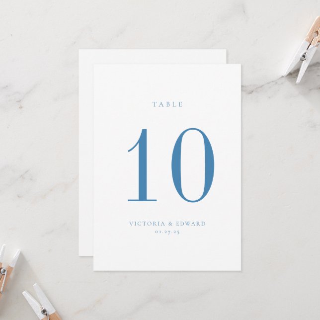 Minimalist Regency Blue Wedding Table Number Card (Front/Back In Situ)