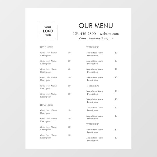 Minimalist Restaurant Menu Logo Window Cling (Sheet)