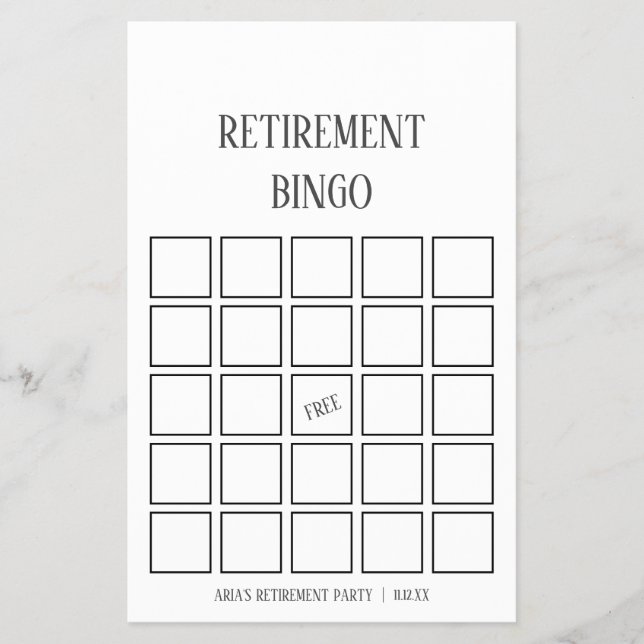 Minimalist Retirement Bingo Cards (Front)