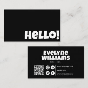 Minimalist Retro Black And White QR Code Hello  Business Card