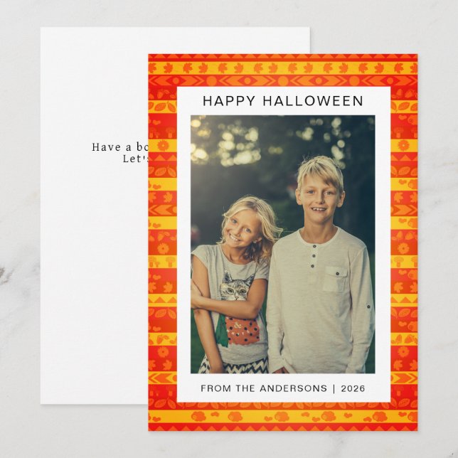 Minimalist  Retro Boho Pattern Halloween Photo Holiday Card (Front/Back)