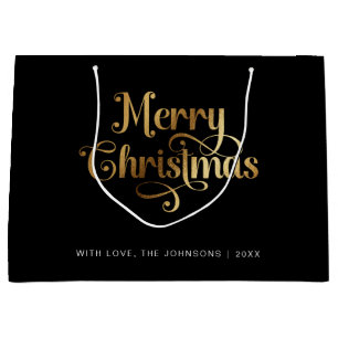 Minimalist Retro Chic Black Gold Merry Christmas Large Gift Bag