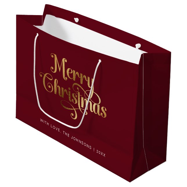 Minimalist Retro Chic Red Gold Merry Christmas Large Gift Bag (Front Angled)