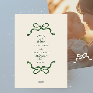 minimalist retro green bows photo holiday card
