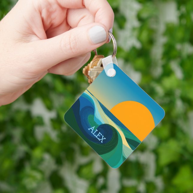 Minimalist Retro Ocean Wave Sunset Keychain (Hand)
