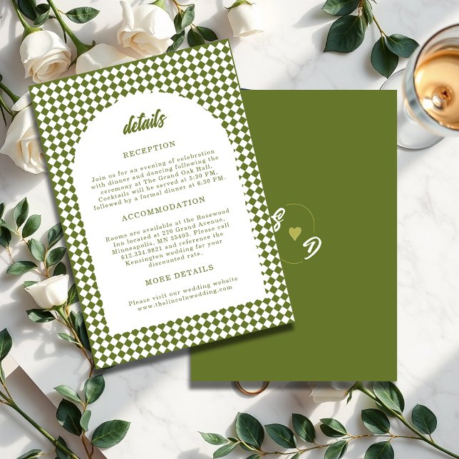 Minimalist Retro Olive green Arch Checker Wedding Enclosure Card (Creator Uploaded)