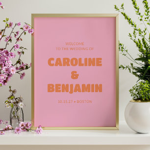 Minimalist Retro Pink and Orange Wedding Welcome Poster