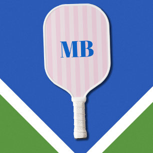 Minimalist Retro Pink Blue Striped Monogram Pickleball Paddle