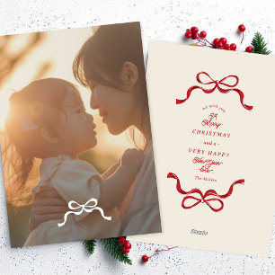minimalist retro red bows photo holiday card
