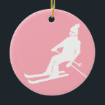 Minimalist Retro Skier Winter Pink White    Ceramic Tree Decoration<br><div class="desc">Cool winter themed skier pattern design. Alpine skier skiing in vintage retro ski suit. Wonderful winter sport fun gift for a skier in your circle of friends,  co-workers or family. Whimsical skiers artwork illustration design. Skiers skiing ski home decor,  Ski team,  ski coach gift.</div>