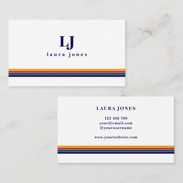 Minimalist Retro Stripes Monogram Business Card (Front/Back)