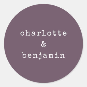 Minimalist Retro Typewriter Couple Names Plum Classic Round Sticker