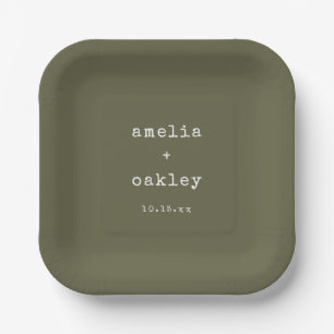 Minimalist Retro Typewriter Olive Custom Wedding Paper Plate