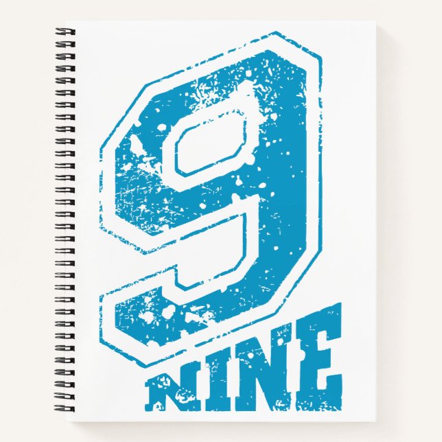 Minimalist Retro Typography Blue Number Nine Notebook (Front)