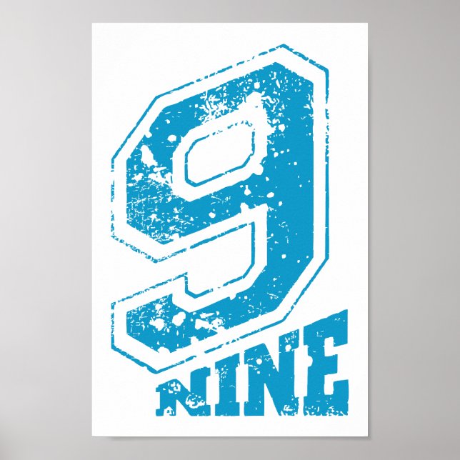Minimalist Retro Typography Blue Number Nine Poster (Front)