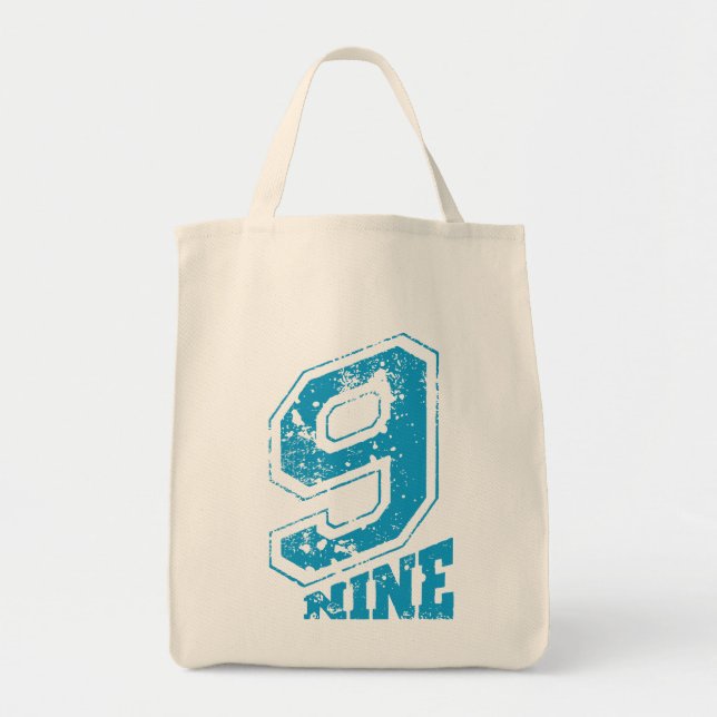 Minimalist Retro Typography Blue Number Nine Tote Bag (Front)