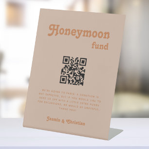 Minimalist Retro Wedding Honeymoon Fund QR Code Pedestal Sign
