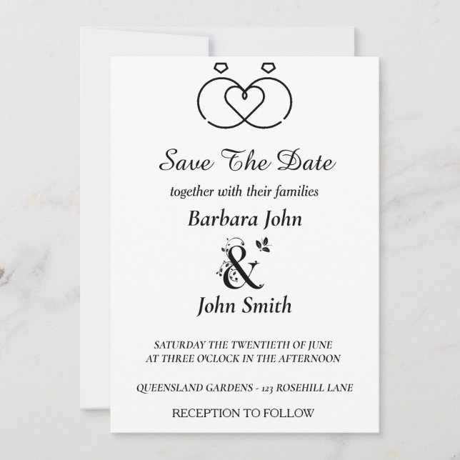 Minimalist Rings Heart Wedding Save The Date  Invitation (Front)