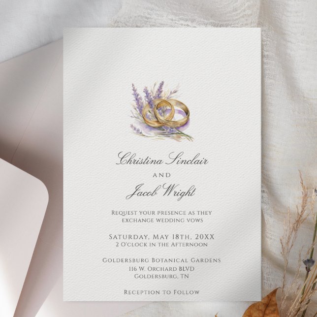 Minimalist Rings Purple Floral Lavender Wedding Invitation (Elegant Wedding Invitation with a whimsical watercolor lavender sprig and a pair of wedding rings)