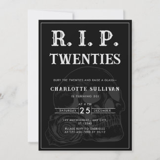 Minimalist Rip 20s Black White Skull 30th Birthday Invitation