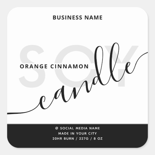 Minimalist romantic black white script soy candle square sticker (Front)
