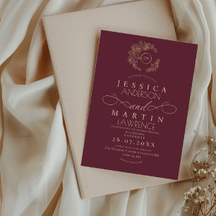 Minimalist Romantic Script Burgundy Gold Wedding  Invitation