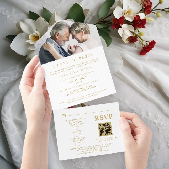 Minimalist Romantic Wedding Photo Anniversary All In One Invitation (Minimalist Romantic Wedding Photo Anniversary in Faux Gold All in One Invitation with QR Code. )
