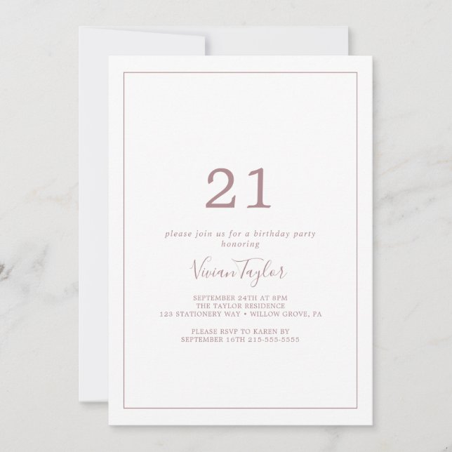 Minimalist Rose Gold 21st Birthday Party Invitation (Front)