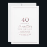 Minimalist Rose Gold 40th Birthday Invitation<br><div class="desc">This minimalist rose gold 40th birthday invitation is perfect for a simple birthday party. The modern romantic design features classic rose gold and white typography paired with a rustic yet elegant calligraphy with vintage hand lettered style. Customisable in any colour. Keep the design simple and elegant, as is, or personalise...</div>