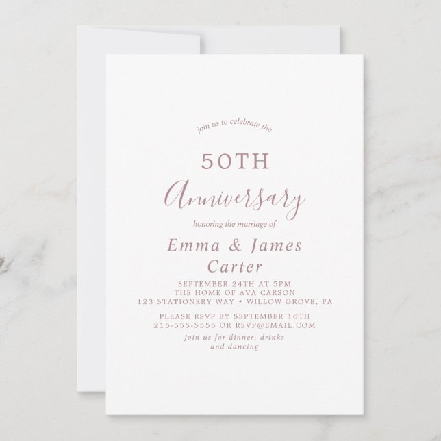 Minimalist Rose Gold 50th Wedding Anniversary  Invitation (Front)