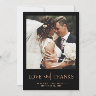 Minimalist Rose Gold and Black One Photo Wedding Thank You Card