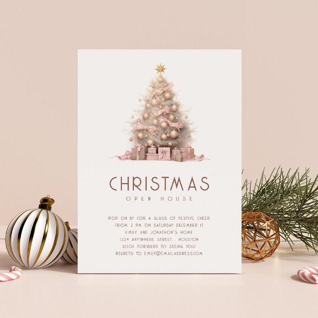 Minimalist Rose Gold Christmas Tree Open House Invitation (Available digitally and printed)