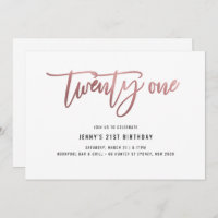 Minimalist Rose Gold Foil 21st Birthday Invitation