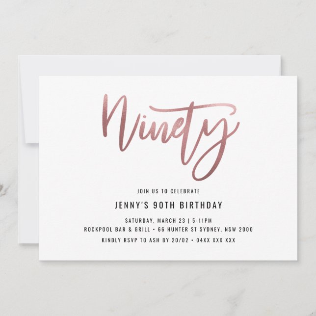 Minimalist Rose Gold Foil 90th Birthday Invitation (Front)